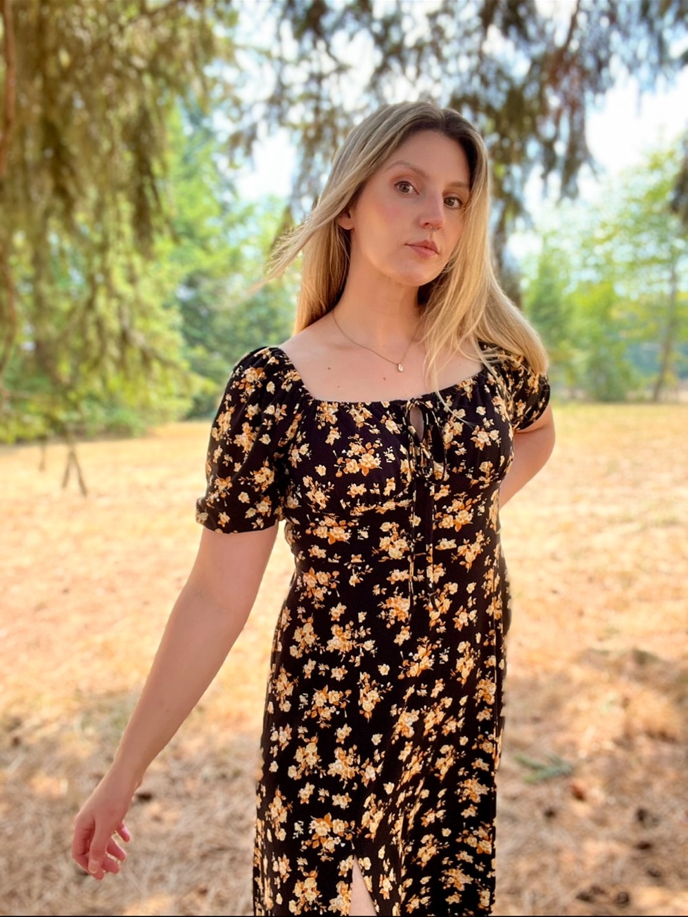 Floral Tie-Front Midi Dress in Black and Yellow